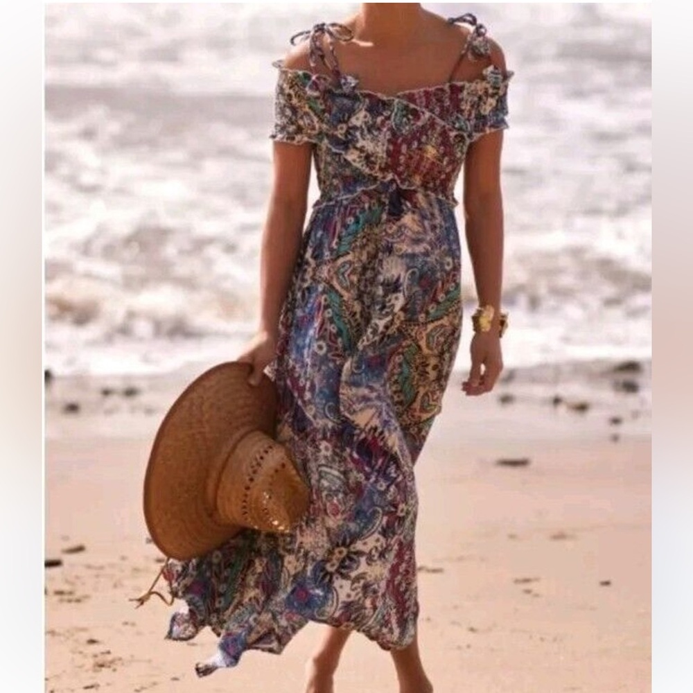 Anthropologie Smocked Gauze Criss-Cross Maxi Dress Multicolor Floral Beachy-XS